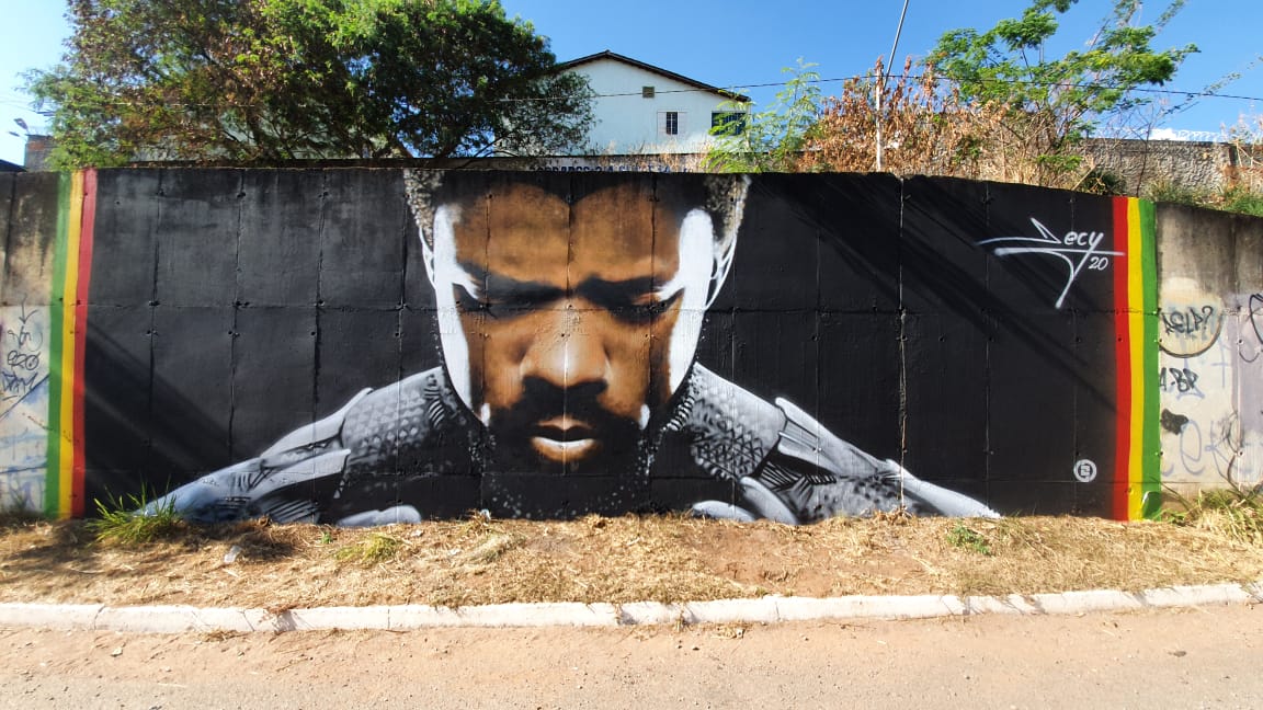 Decy, artista goiano, pinta mural em homenagem a ator de Pantera Negra