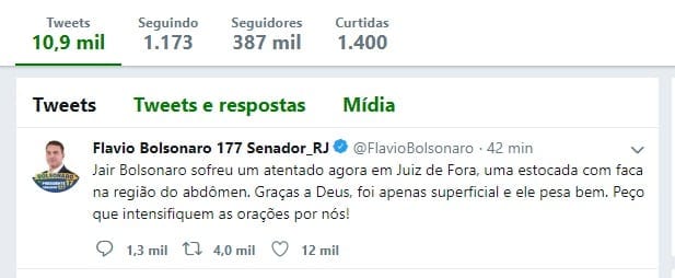 Filho de Bolsonaro tranquiliza apoiadores nas redes sociais: "foi apenas superficial e ele passa bem"