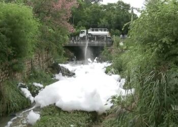 Córrego fica coberto de espuma após despejo de detergente em Salto (SP)