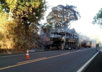 Incêndio destrói ônibus de viagem, na GO-060; passageiros saem ilesos