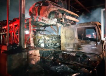 Caminhão cegonha pega fogo após bater em cabine de pedágio, em Goiás