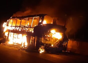 Ônibus com 19 passageiros pega fogo na BR-060, em Goiânia