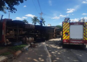 Caminhão com carga viva tomba em rotatória da GO-070, em Goiânia