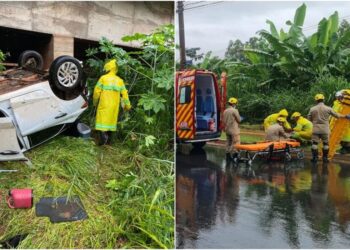 Carro perde o controle, cai de ponte e deixa três feridos, em Goiânia