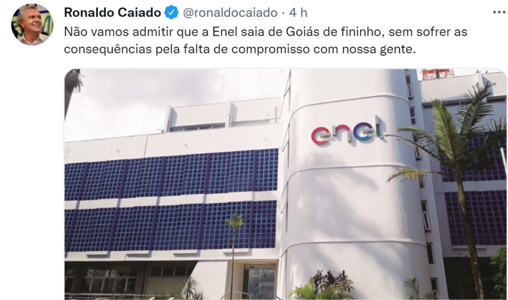 Caiado cobra transparência na venda da companhia: "Queremos a Enel fora de Goiás"