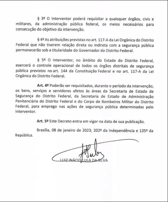 Lula decreta intervenção federal no Distrito Federal após atos antidemocráticos