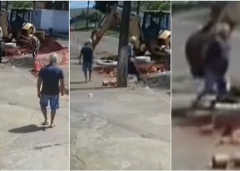 Vídeo: Homem cai em vala ao ser atingido por retroescavadeira após olhar obra em rua