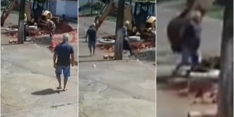 Vídeo: Homem cai em vala ao ser atingido por retroescavadeira após olhar obra em rua