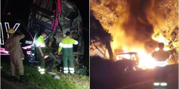 Vídeo: Acidente deixa ônibus destruído, carreta em chamas e feridos na BR-153