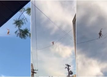 Vídeo: Equilibrista chama atenção ao atravessar prédios em corda, em Goiânia