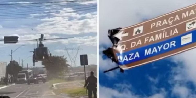 Helicóptero da PM atinge placa de trânsito durante pouso em Goiás; veja vídeo