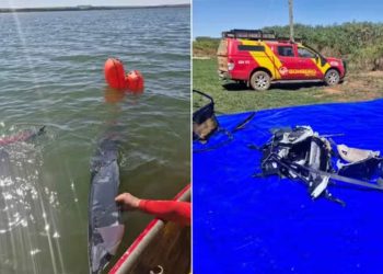 Bombeiros encontram destroços do helicóptero que caiu em lago de Goiás