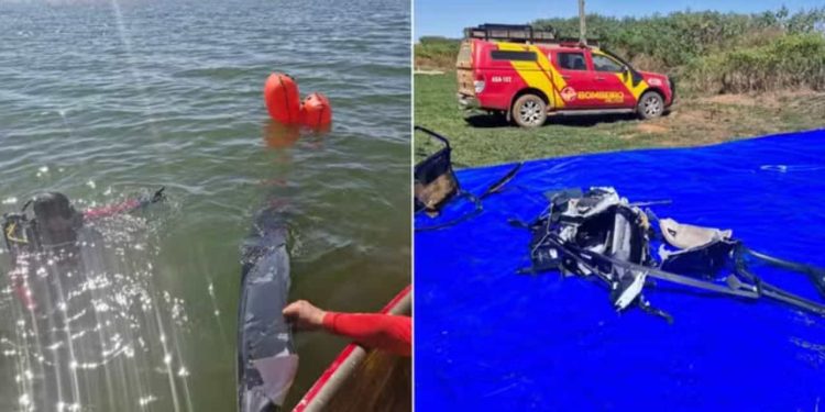 Bombeiros encontram destroços do helicóptero que caiu em lago de Goiás