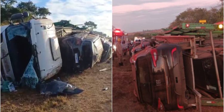 Motorista morre após carreta cegonha com 11 carros tombar na BR-060, em Goiás