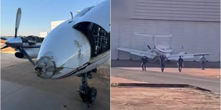 Vídeo: Avião se desprende de reboque e bate em galpão no aeródromo de Goiânia