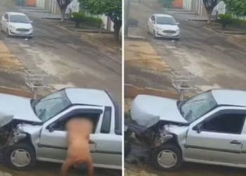 Homem foge pelado pela rua após roubar carro e bater contra muro, em Goiás