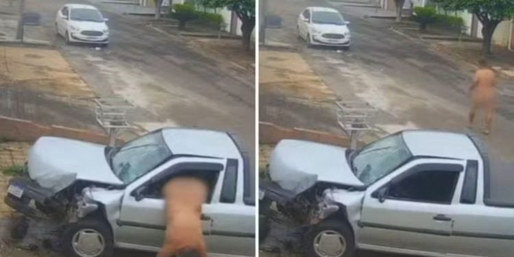 Homem foge pelado pela rua após roubar carro e bater contra muro, em Goiás