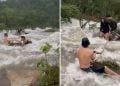 Vídeo Turistas são surpreendidos por cabeça d'água em cachoeira na Chapada dos Veadeiros