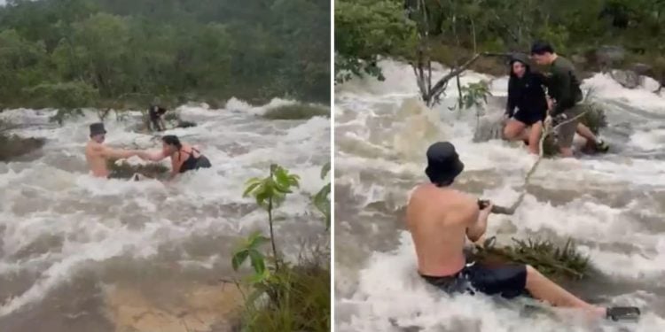 Vídeo Turistas são surpreendidos por cabeça d'água em cachoeira na Chapada dos Veadeiros