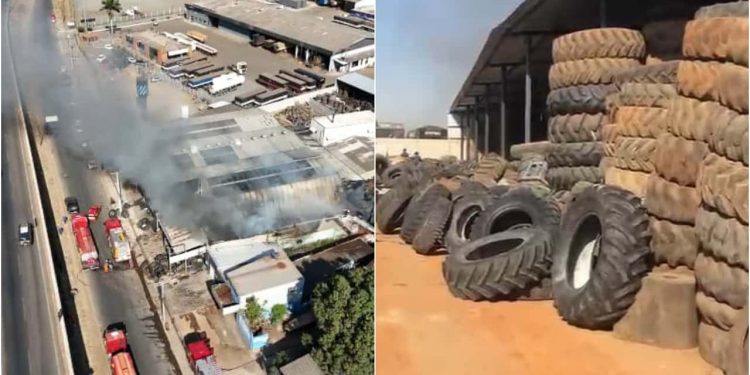 Incêndio atinge depósito de pneus em Goiânia e interdita comércios vizinhos