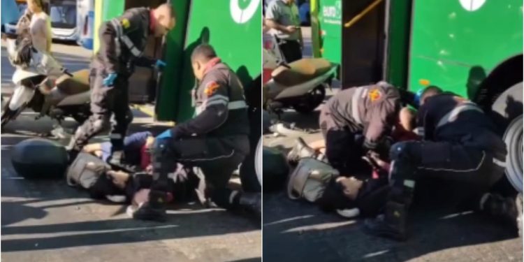 Motociclista tem perna esmagada após colisão com ônibus em Goiânia