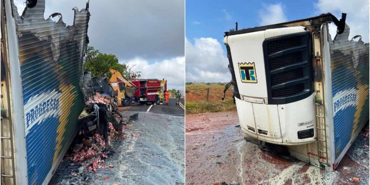 Carreta carregada com leite condensado pega fogo na GO-210, em Caldas Novas
